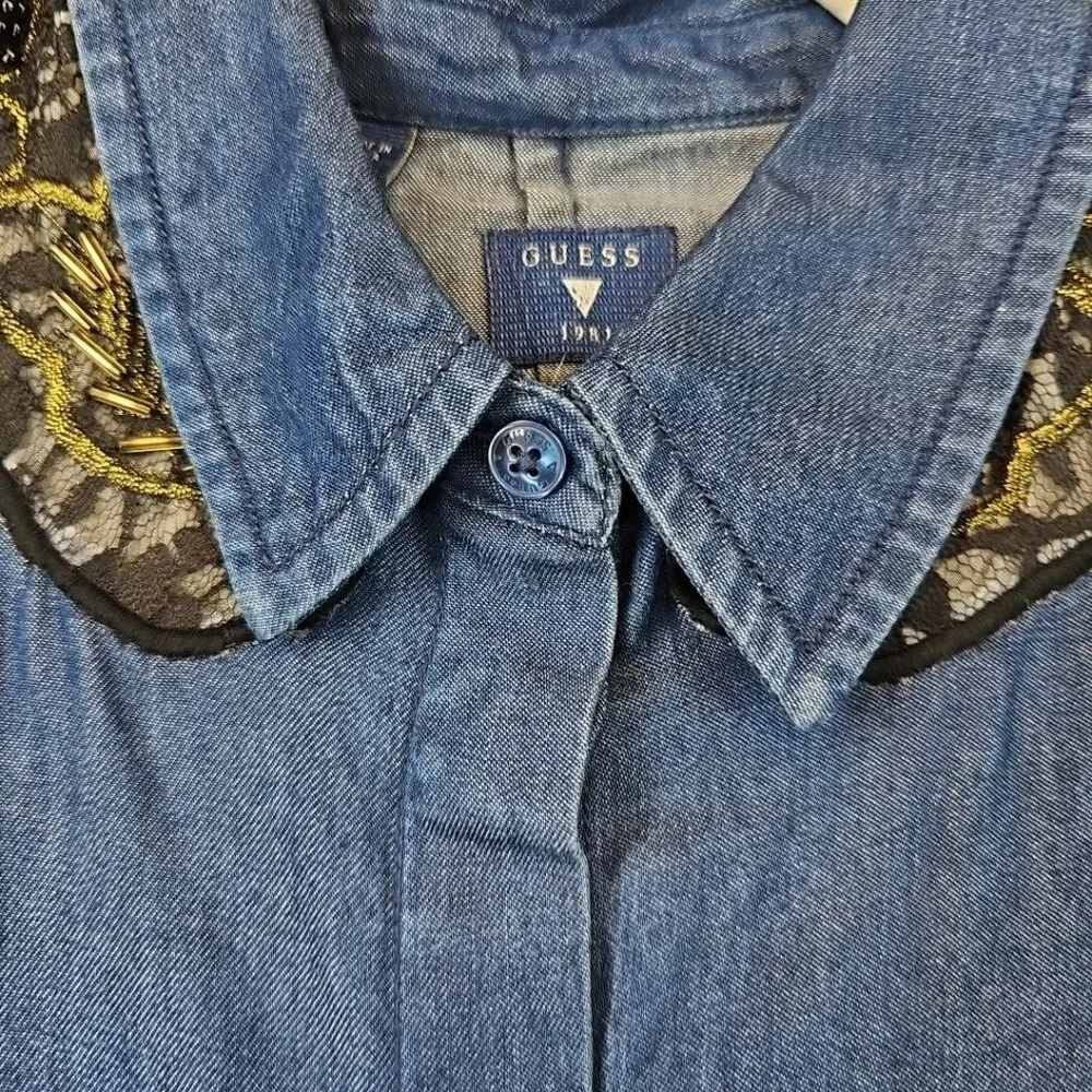 Guess Button Up Sleeveless Tunic Womens Size S Blue Chambray Beaded Lace Lyocell - Picture 2 of 9